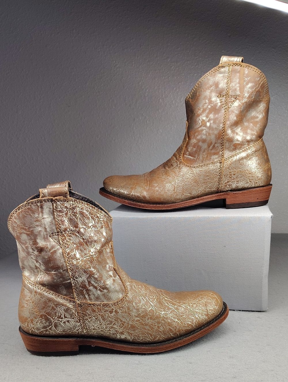 Liberty Black Western Ankle Boots With Metallic Gold Leather Finish - Size 6
